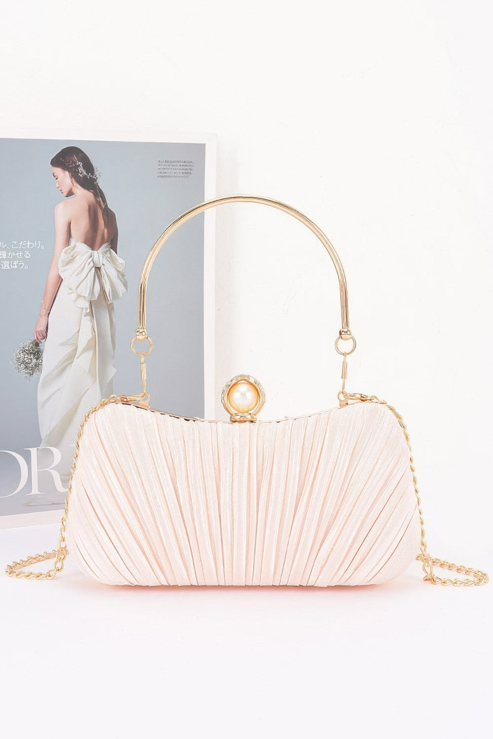 Pleated Pearl-Clasp Evening Clutch