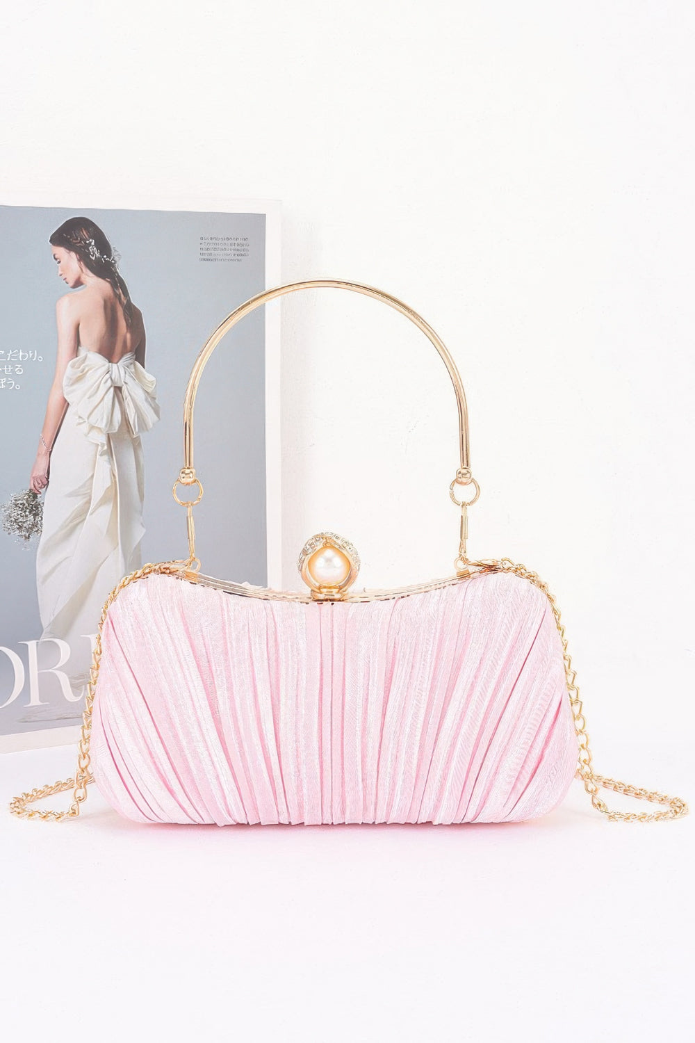 Pleated Pearl-Clasp Evening Clutch