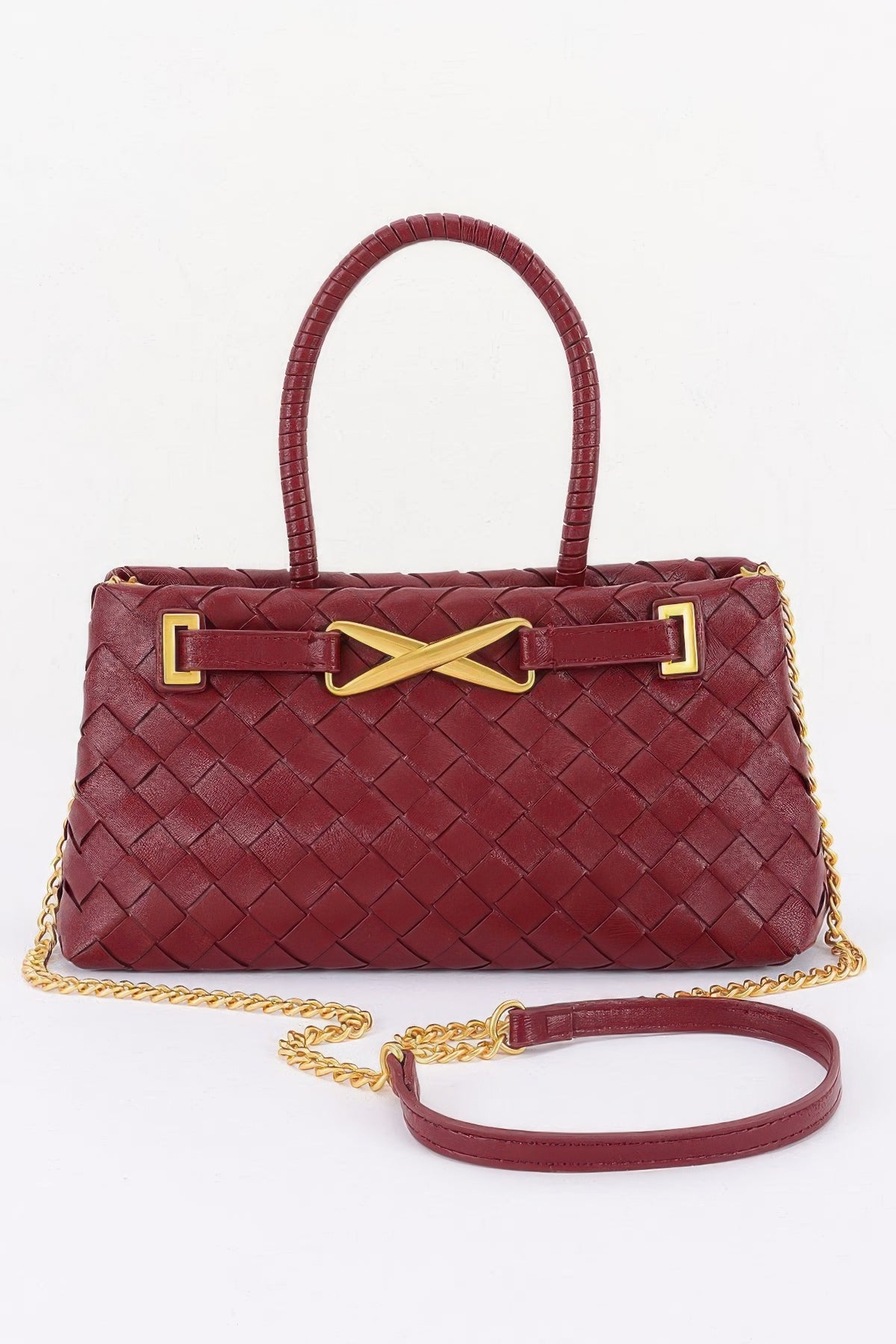 Woven Faux Leather Top-Handle Bag