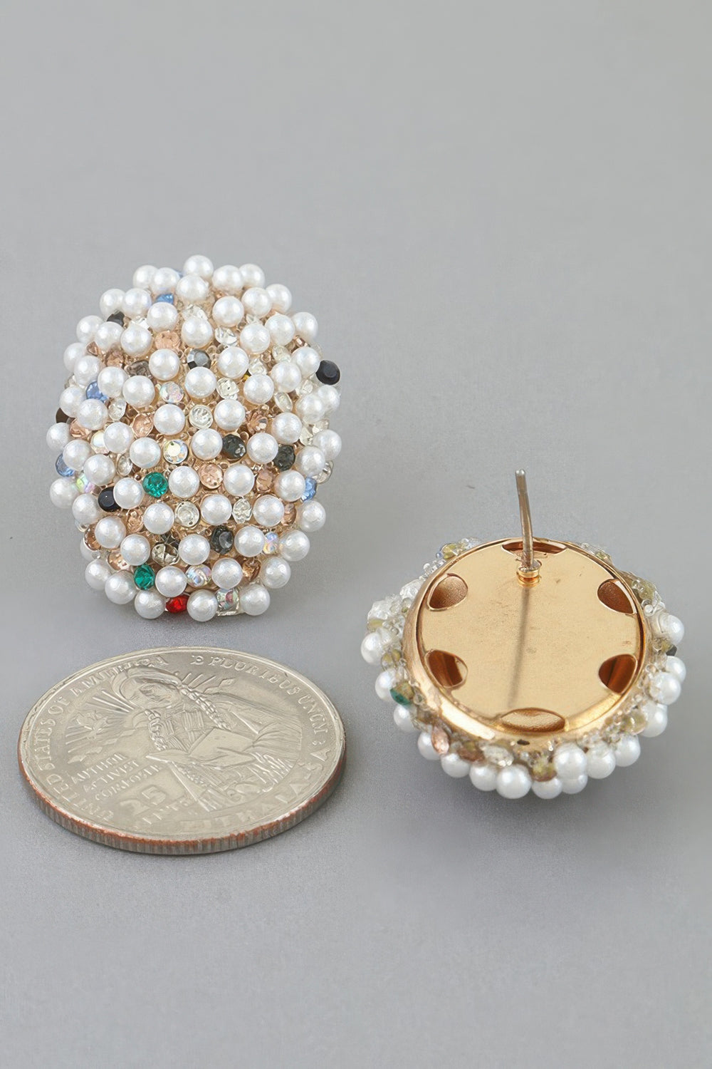 Jeweled Pearl Dome Stud Earrings