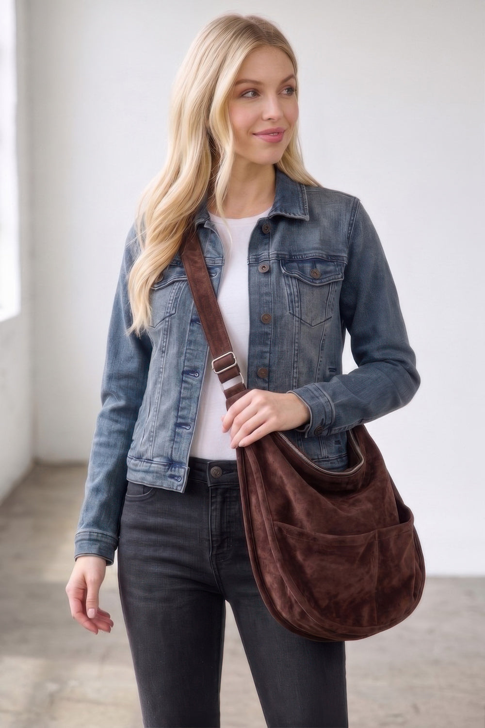 Faux Suede Slouch Hobo Bag