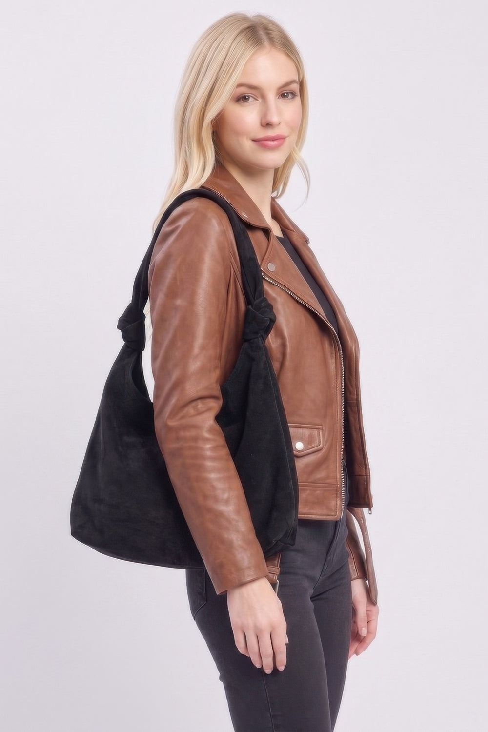 Knot-Strap Faux Suede Hobo Bag