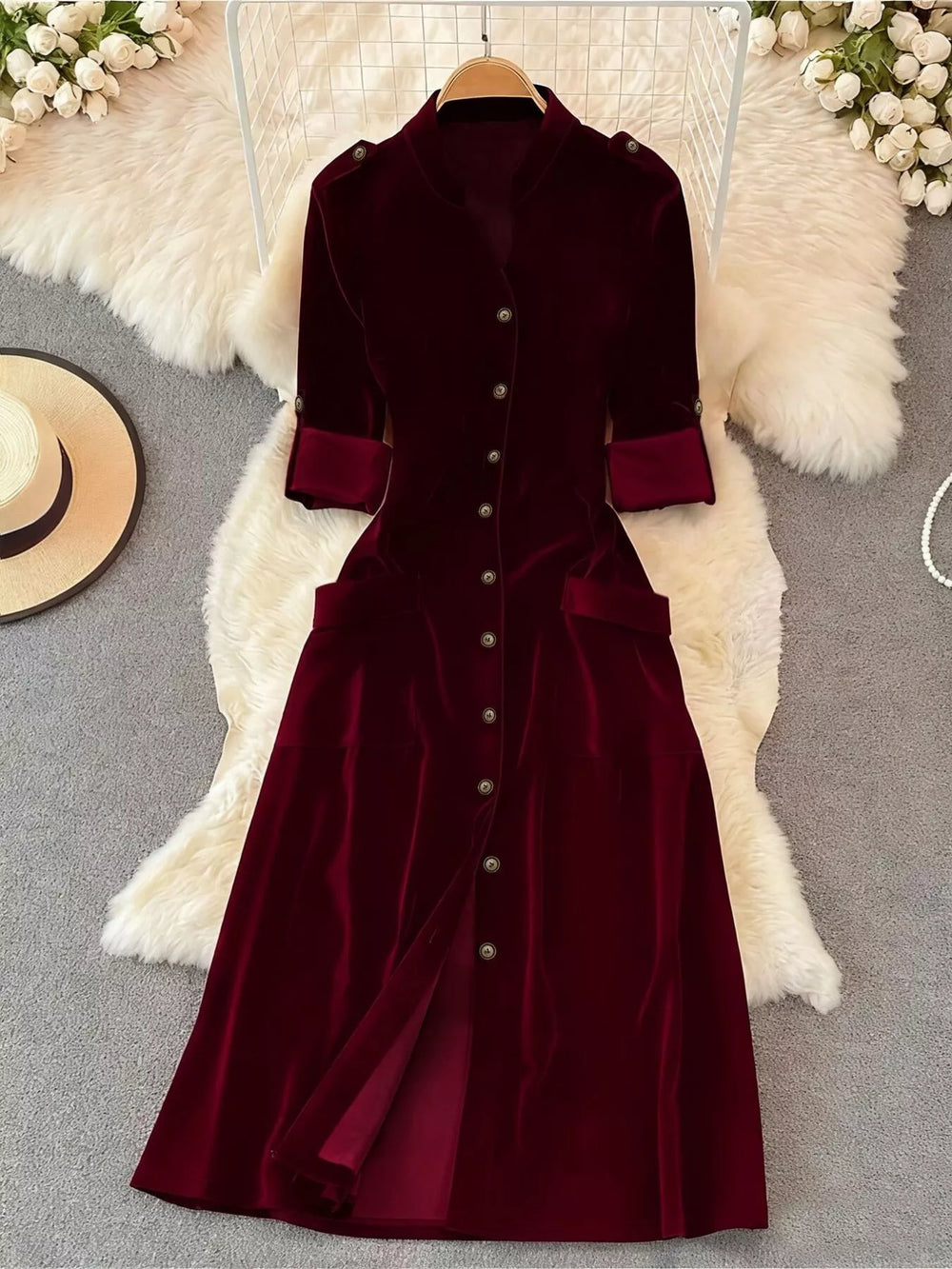 Velvet Button-Down Midi Dress