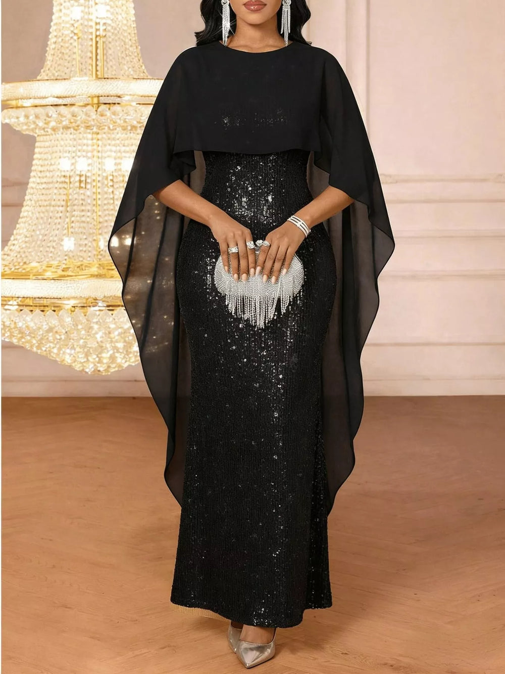 Sequin Cape Overlay Evening Dress