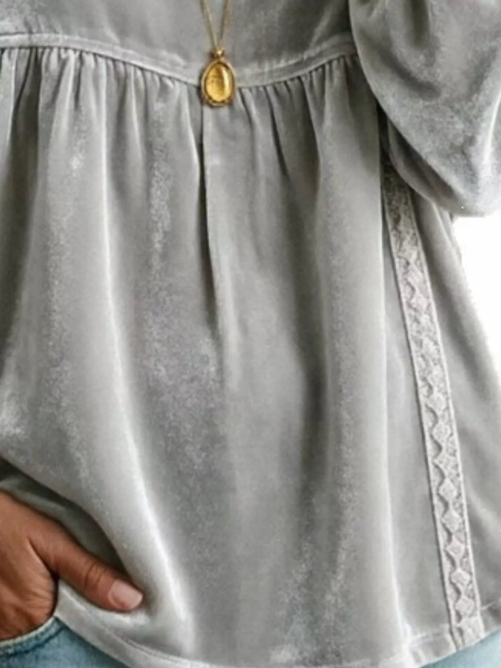 Velvet V-Neck Blouse with Lace Trim