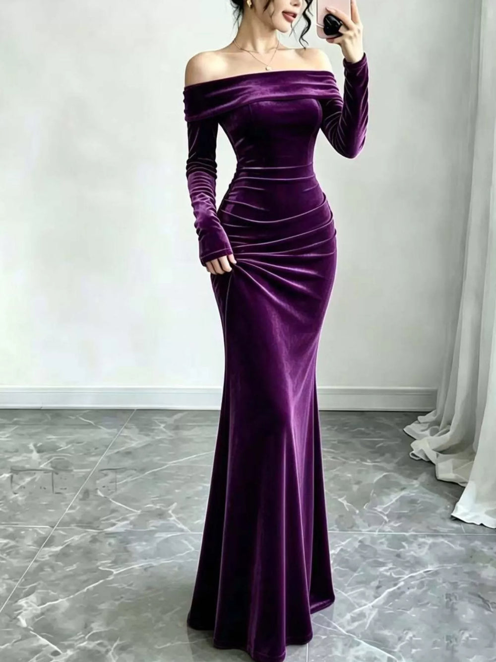 Off-Shoulder Velvet Mermaid Maxi Dress, Full Size