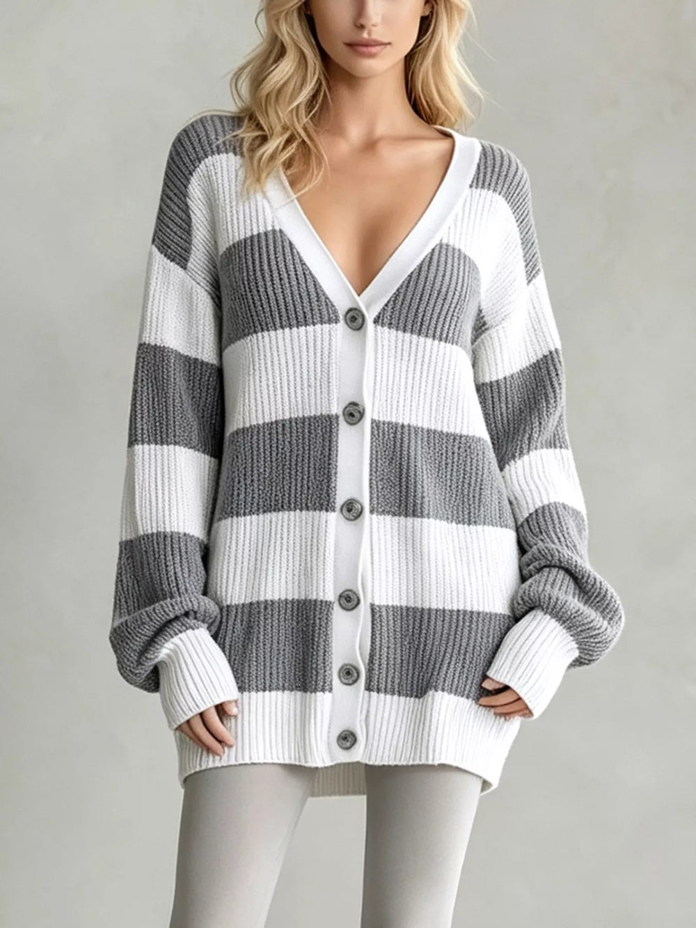 Striped V-Neck Button-Down Cardigan