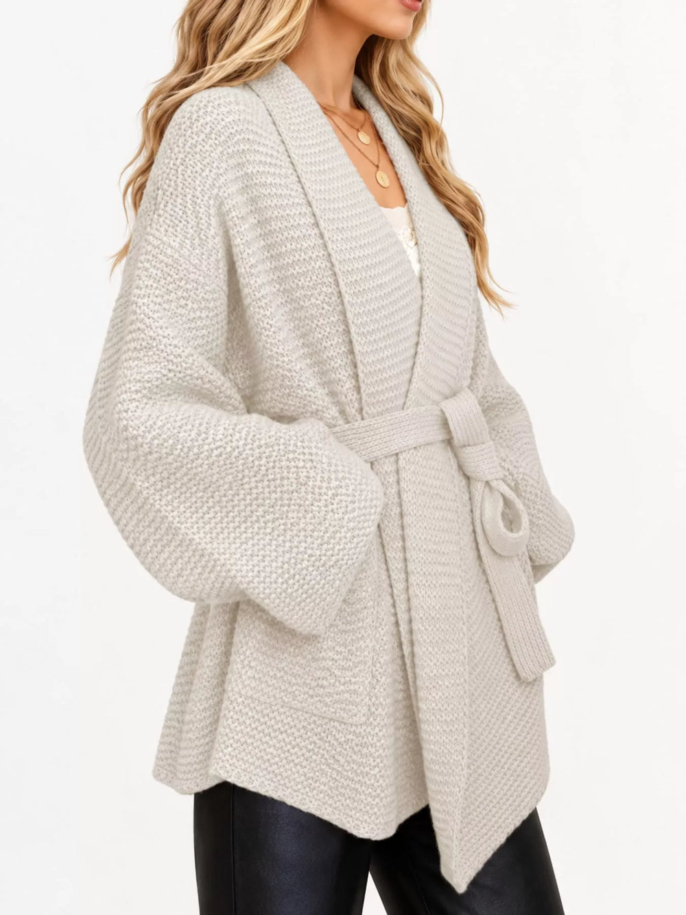 Belted Open-Front Knit Cardigan, Full Size
