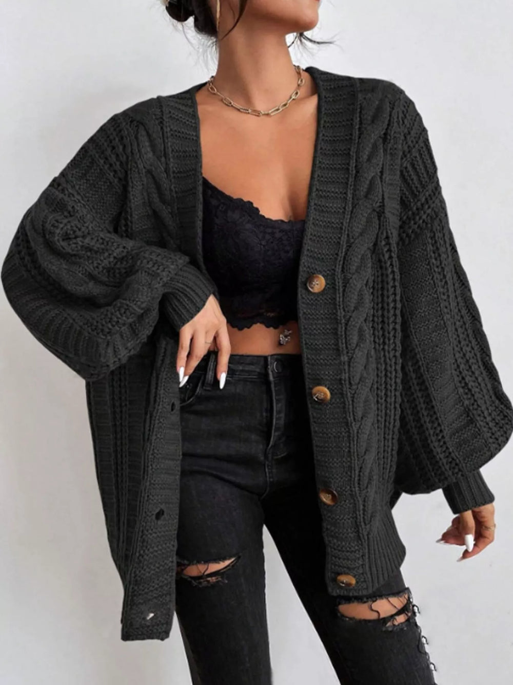 Cable Knit Button-Down Cardigan
