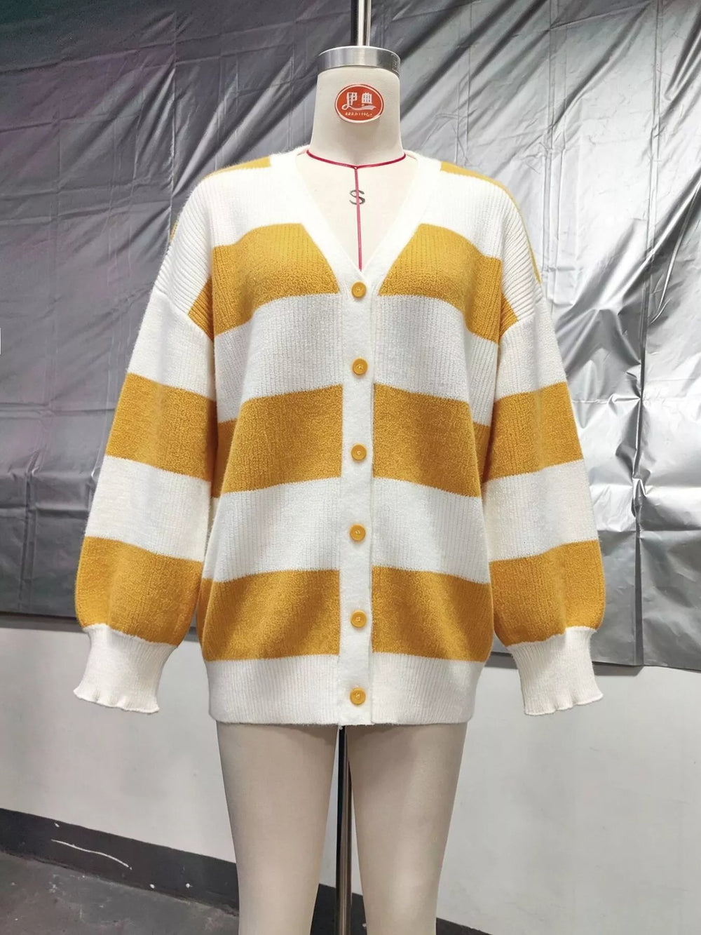Striped V-Neck Button-Down Cardigan