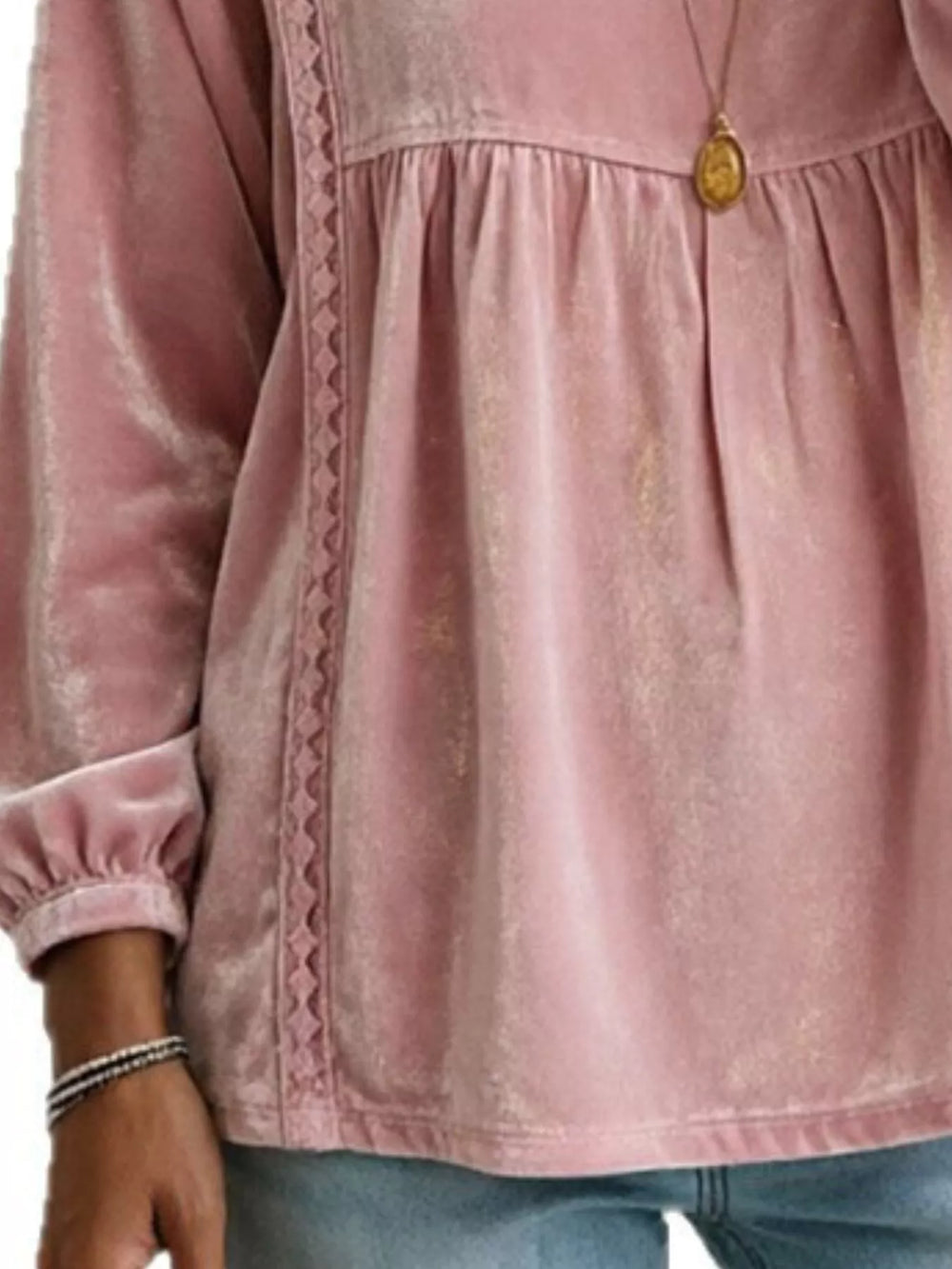 Velvet V-Neck Blouse with Lace Trim