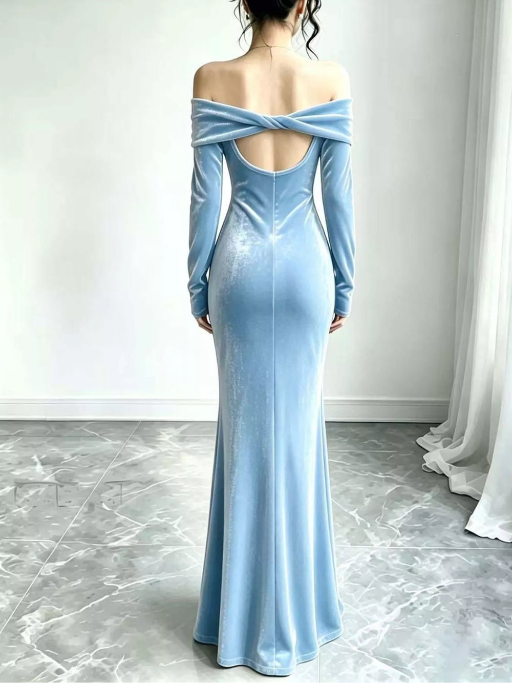 Off-Shoulder Velvet Mermaid Maxi Dress, Full Size