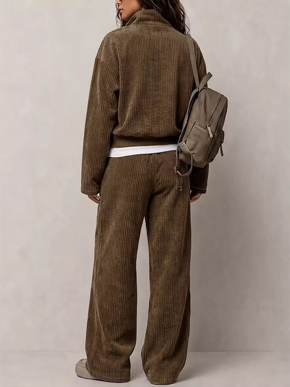 Corduroy Button Detail Top and Wide-Leg Pants Set