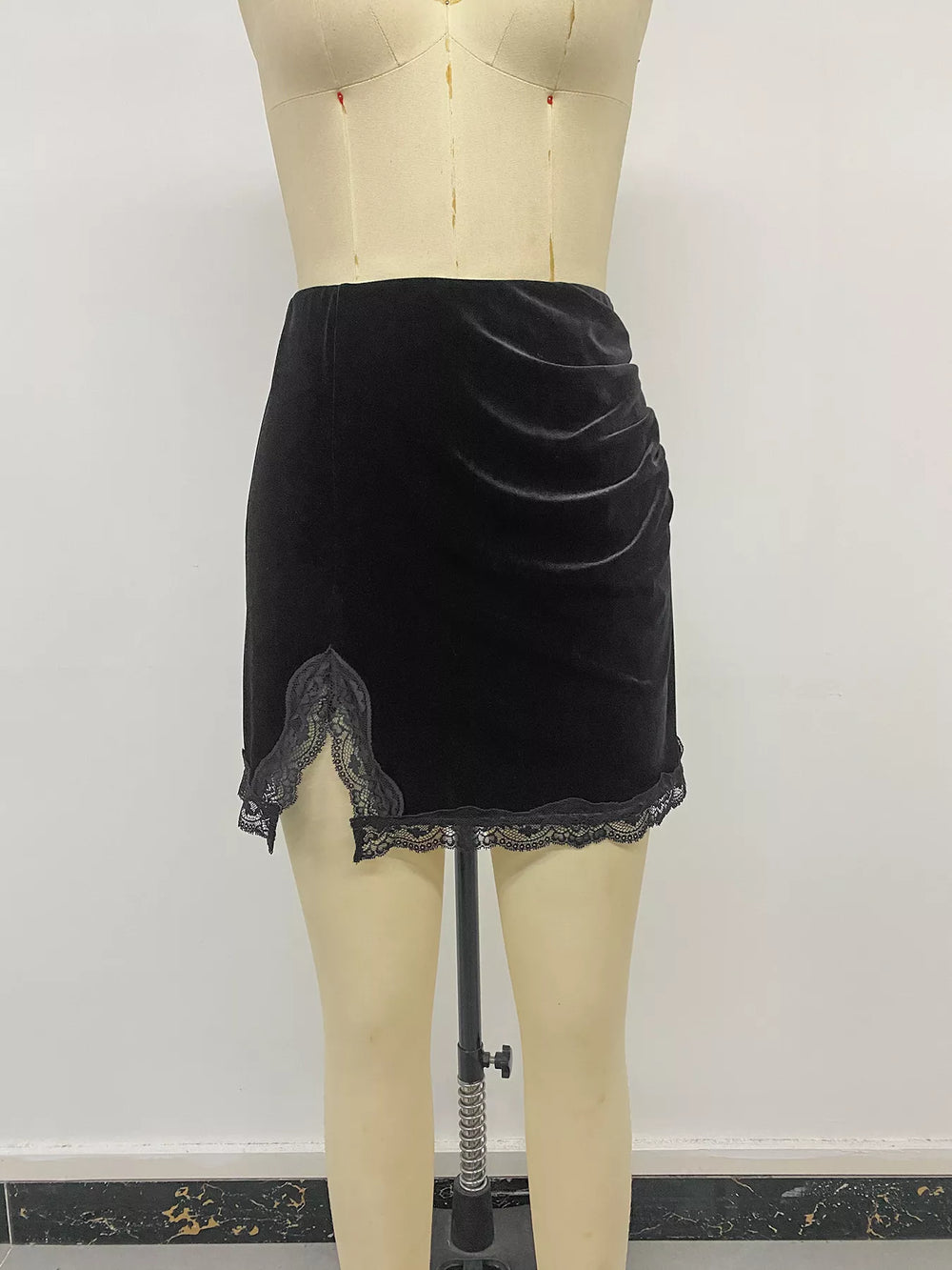 Velvet Mini Skirt with Lace Trim