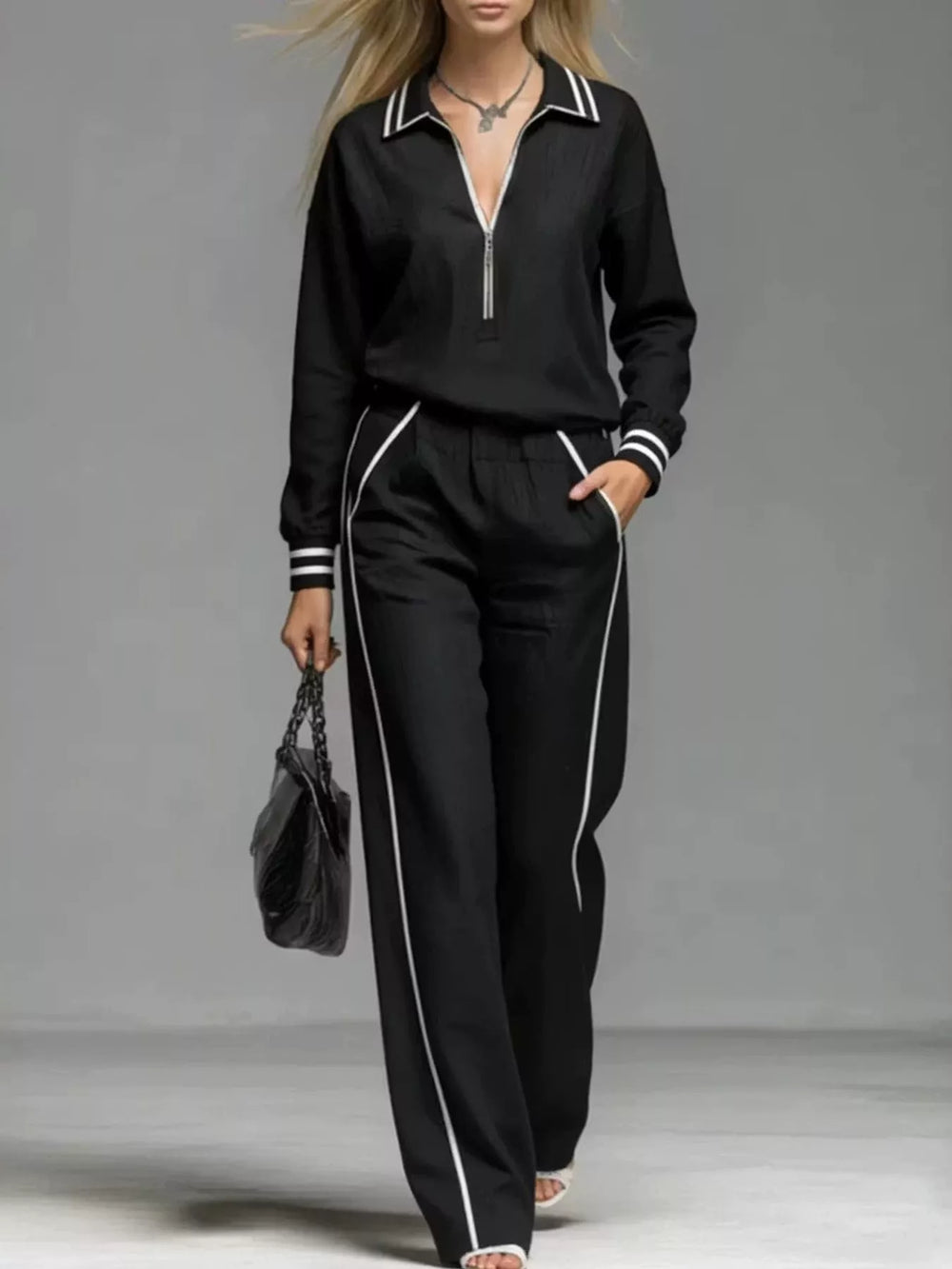 Striped Half-Zip Top and Pants Set