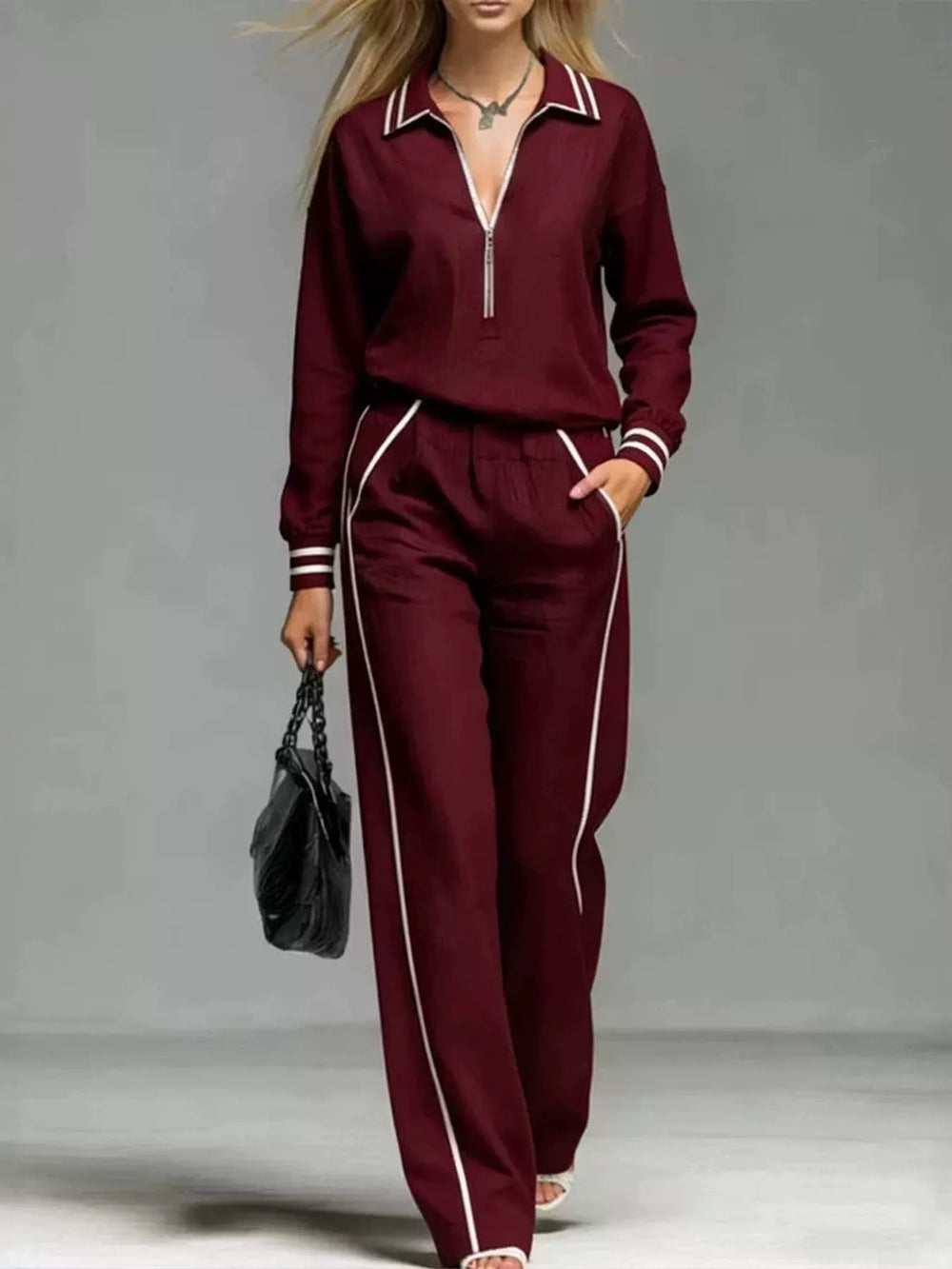 Striped Half-Zip Top and Pants Set