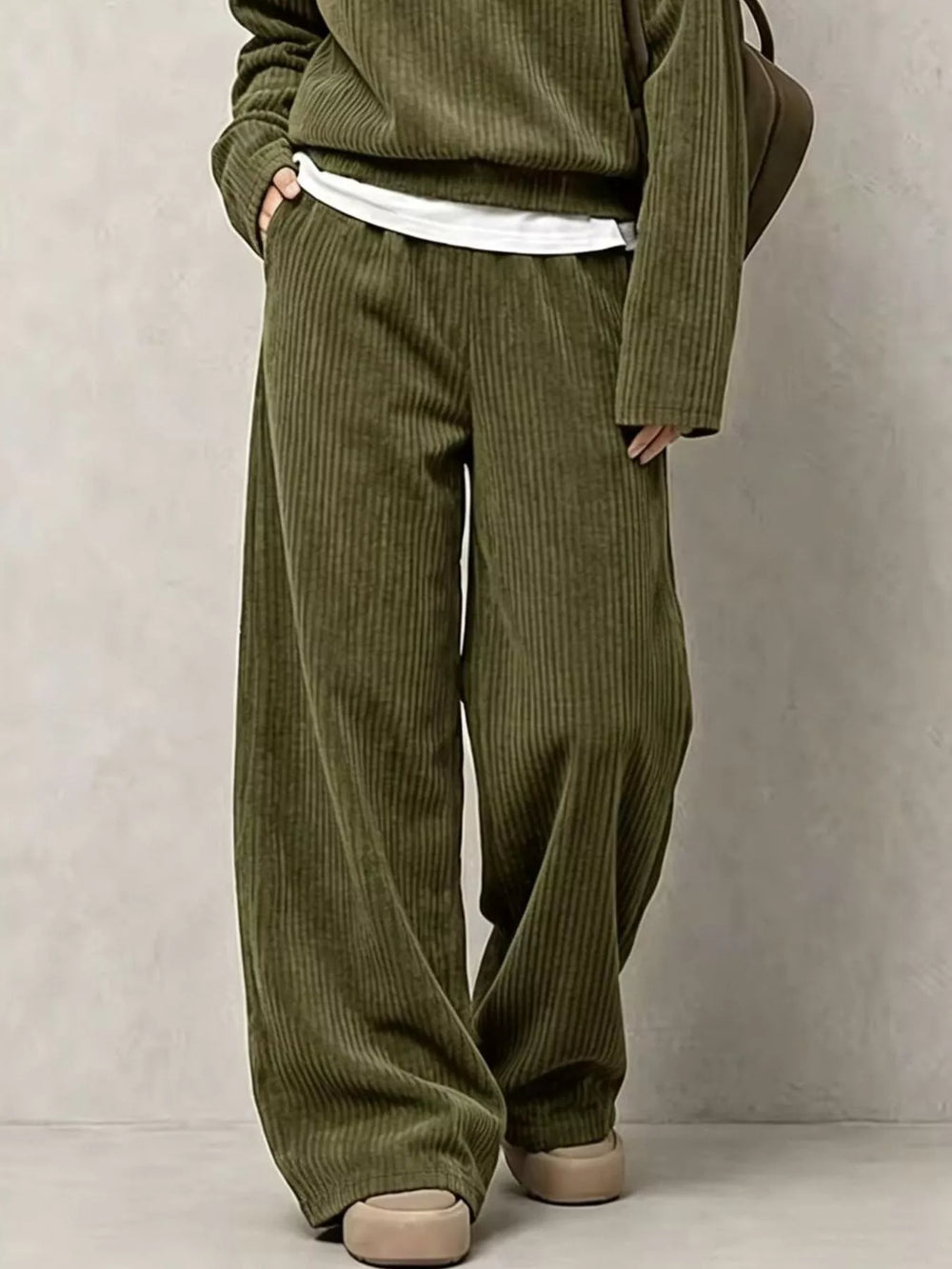 Corduroy Button Detail Top and Wide-Leg Pants Set
