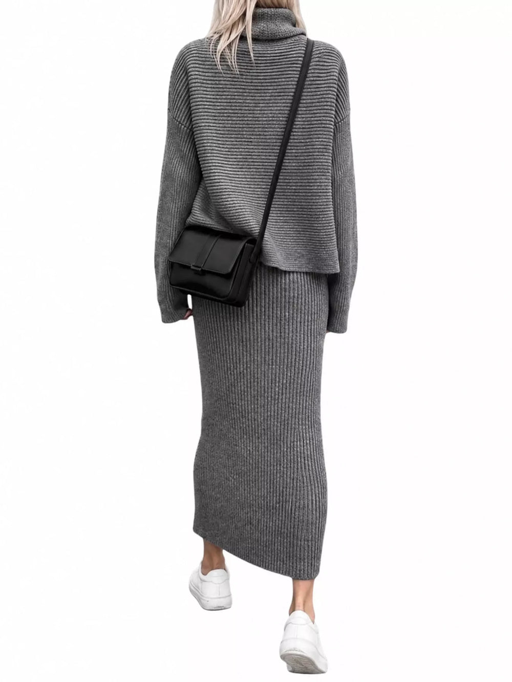 Ribbed Turtleneck Sweater & Midi Skirt Set