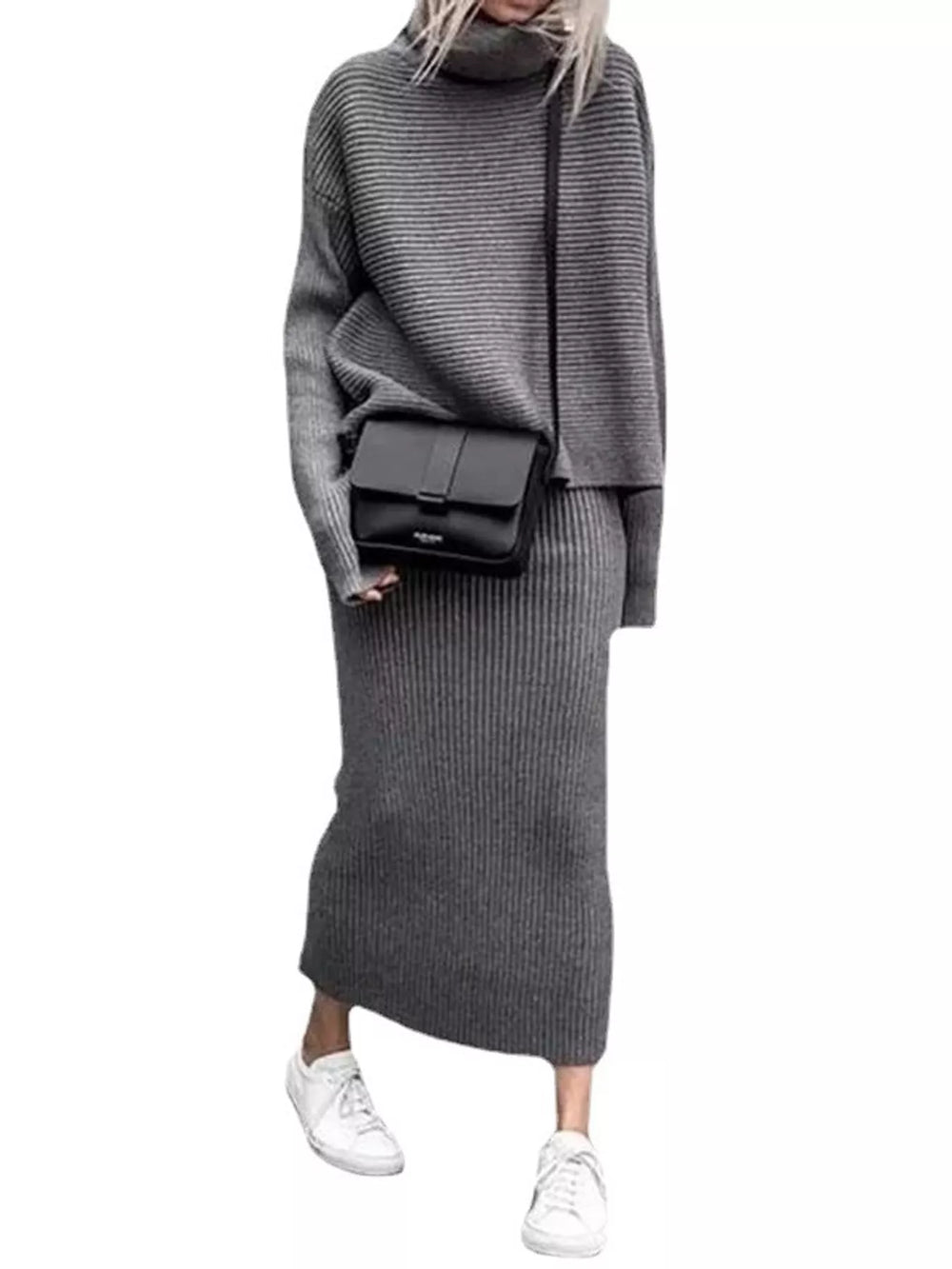 Ribbed Turtleneck Sweater & Midi Skirt Set