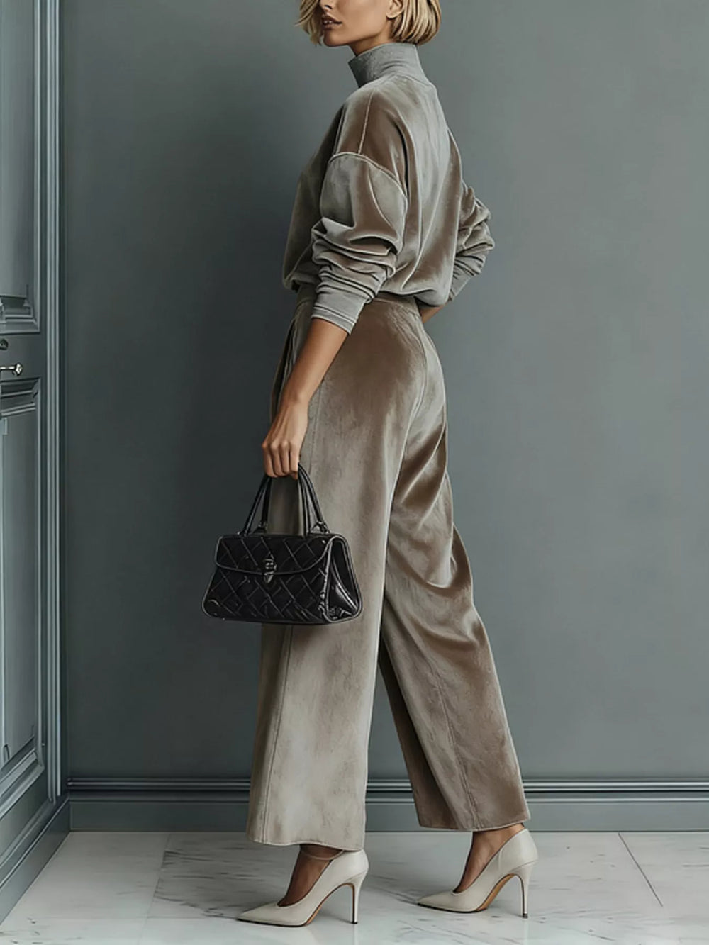 Velvet Mock Neck Top and Wide-Leg Pants Set, Full Size