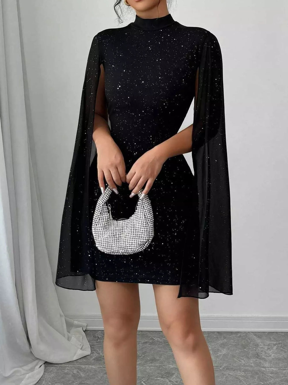 Glitter Mock Neck Cape-Sleeve Bodycon Mini Dress