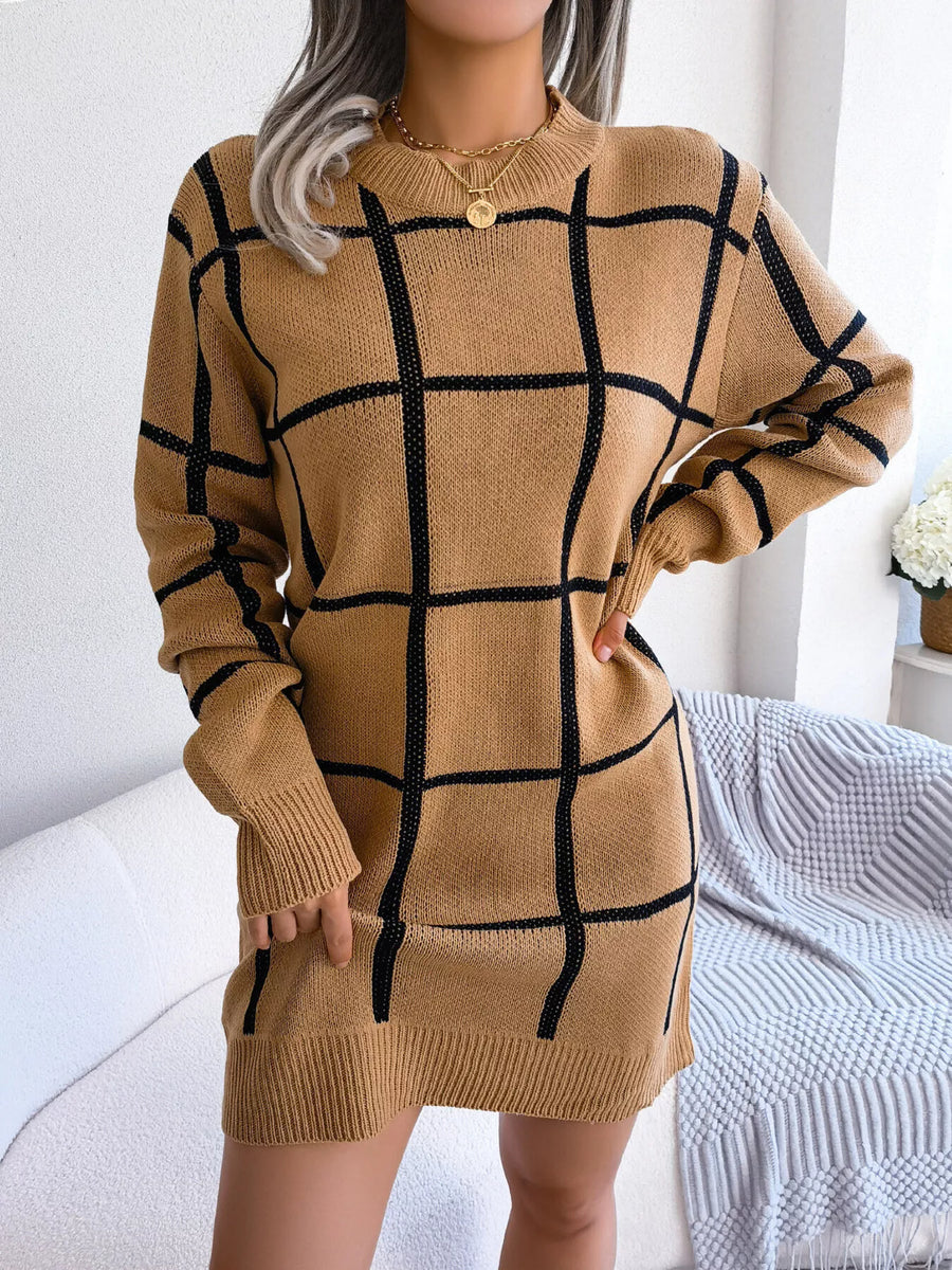 Plaid Long Sleeve Sweater Dress