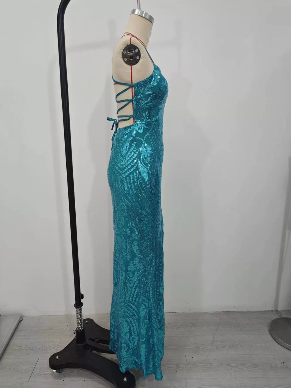 Sequin Embellished Bodycon Backless Evening Dress with Back Lace-Up