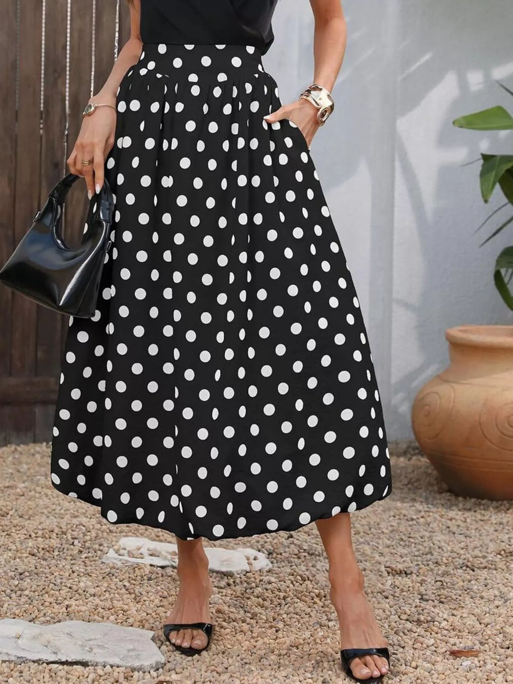 High-Waisted Polka Dot A-Line Midi Skirt