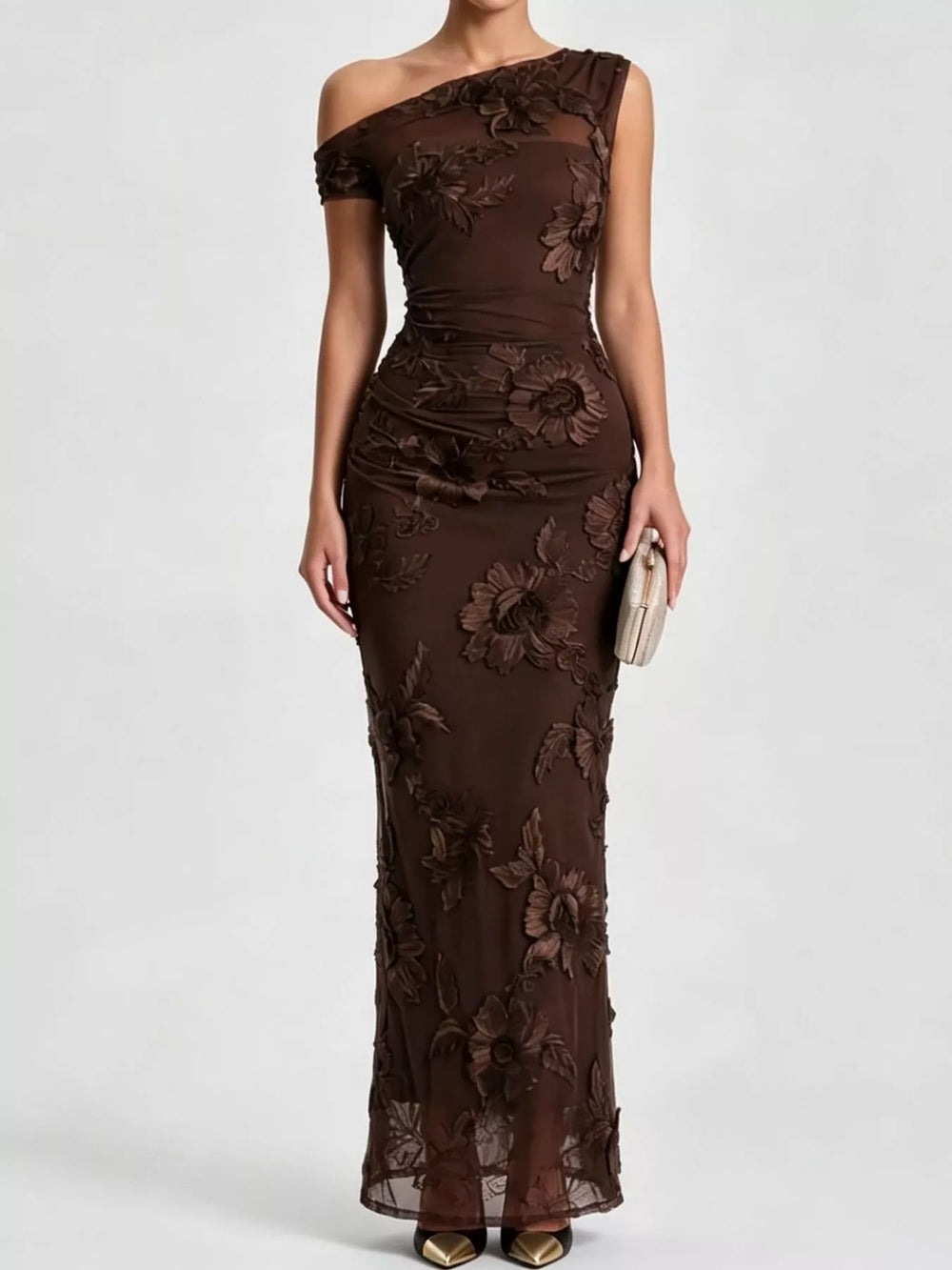 One-Shoulder Floral Embroidered Maxi Dress