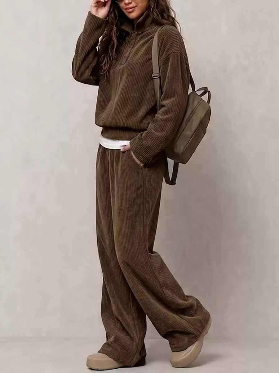 Corduroy Button Detail Top and Wide-Leg Pants Set