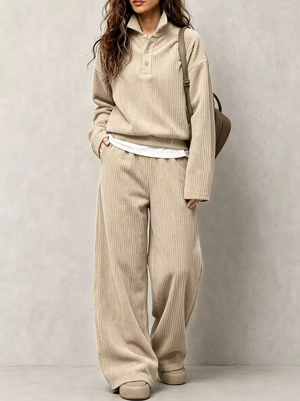 Corduroy Button Detail Top and Wide-Leg Pants Set