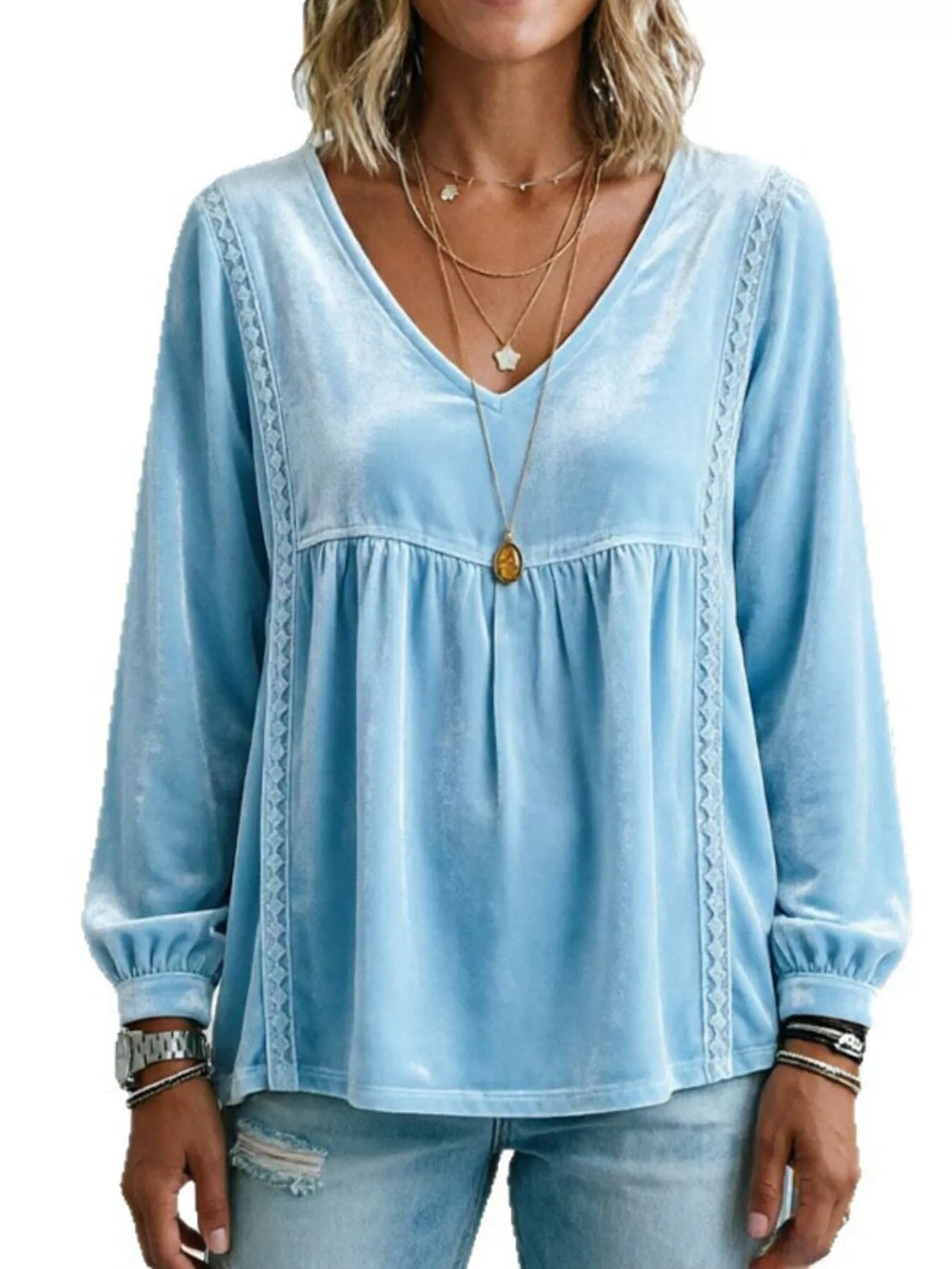 Velvet V-Neck Blouse with Lace Trim