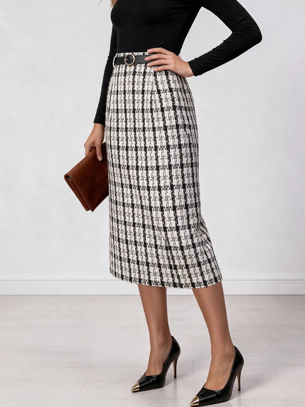 High-Waisted Tweed Plaid Midi Skirt