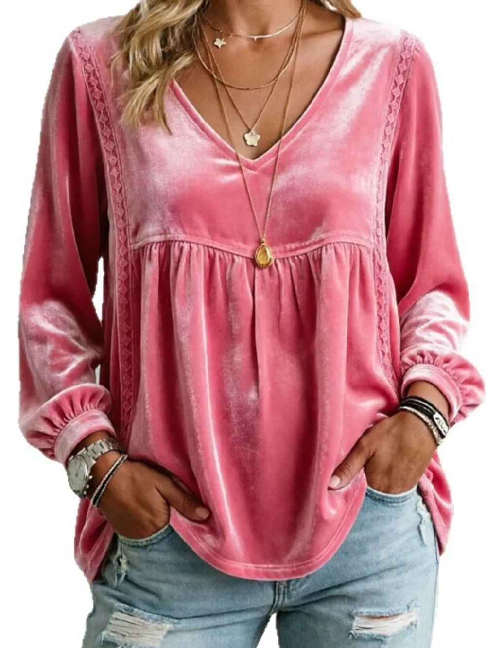 Velvet V-Neck Blouse with Lace Trim