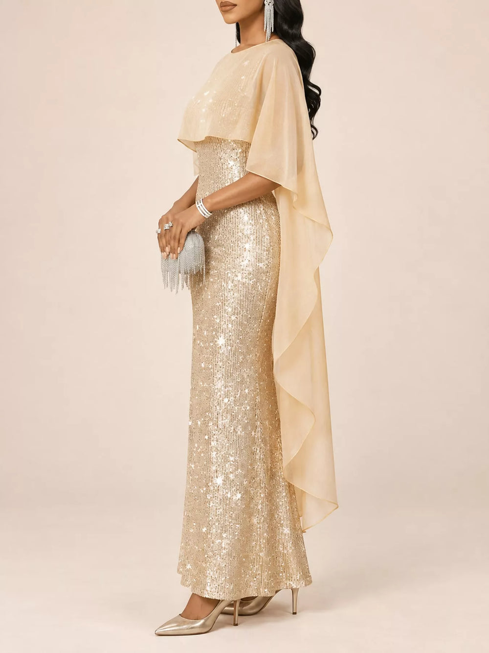Sequin Cape Overlay Evening Dress
