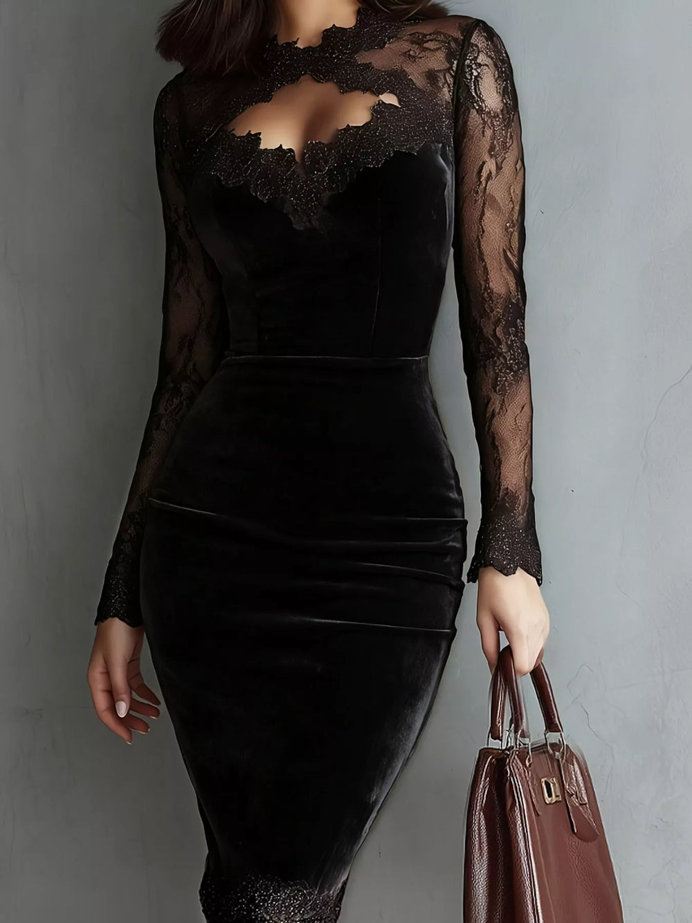 Long-Sleeve Velvet Lace Bodycon Dress