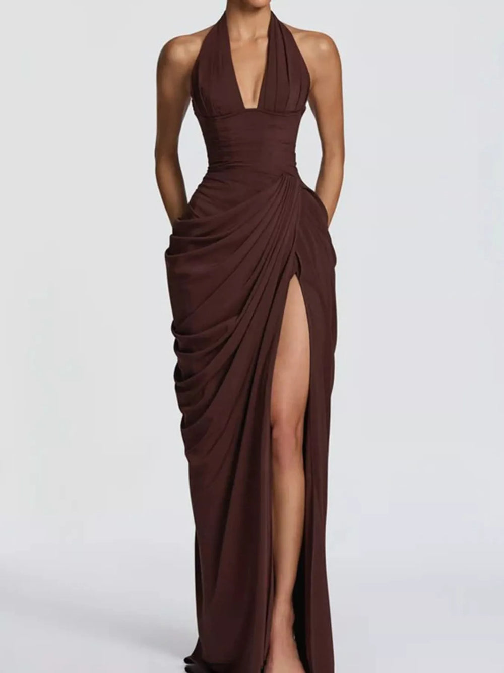 Halter Neck High-Slit Maxi Evening Dress