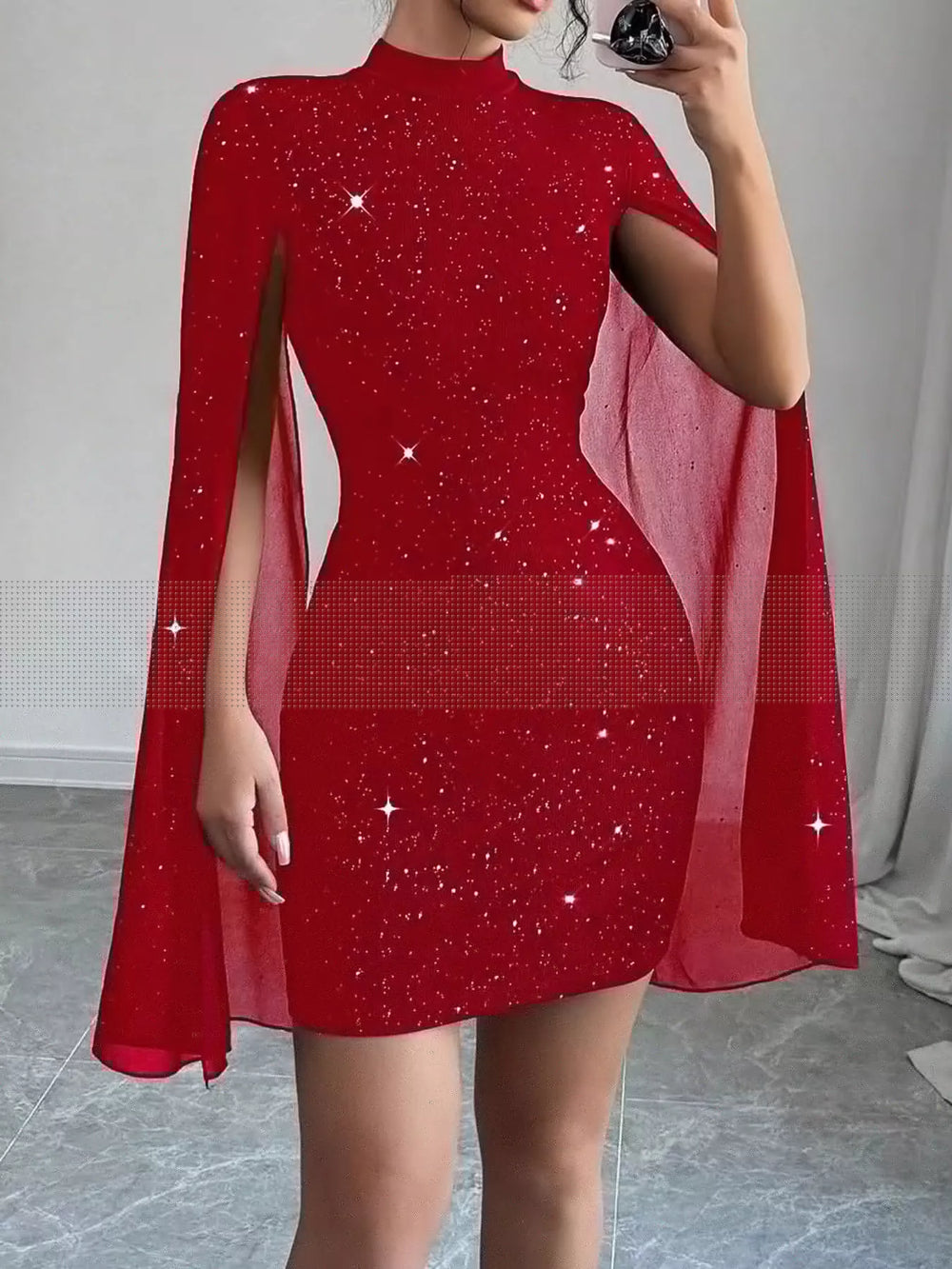 Glitter Mock Neck Cape-Sleeve Bodycon Mini Dress