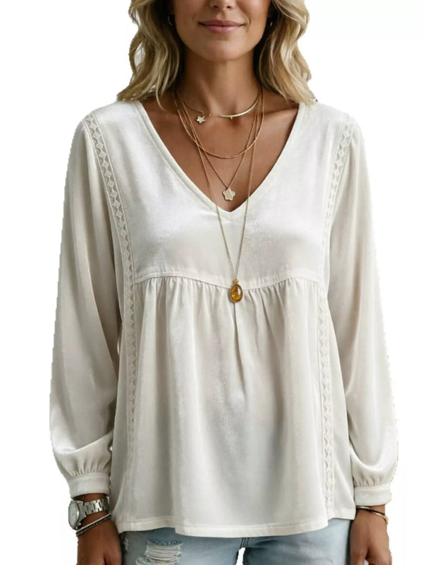 Velvet V-Neck Blouse with Lace Trim