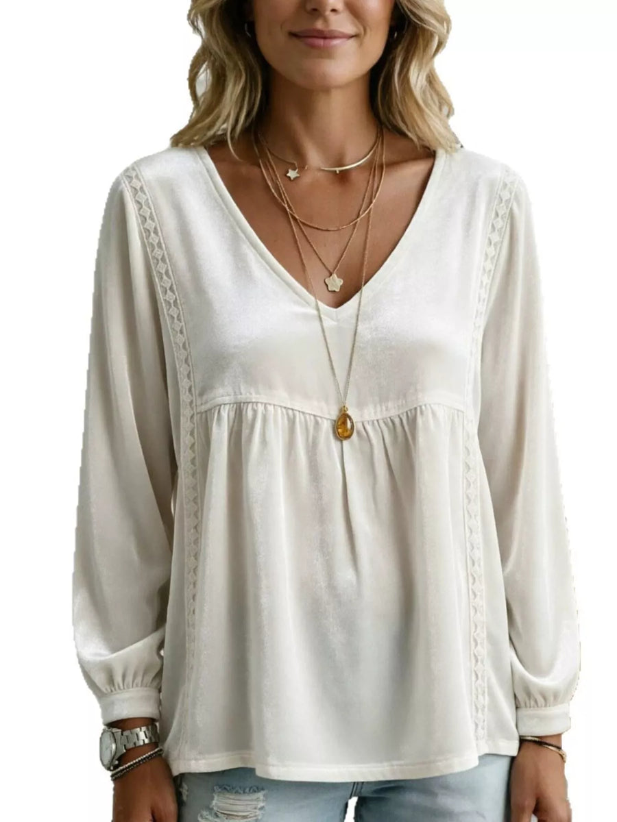 Velvet V-Neck Blouse with Lace Trim