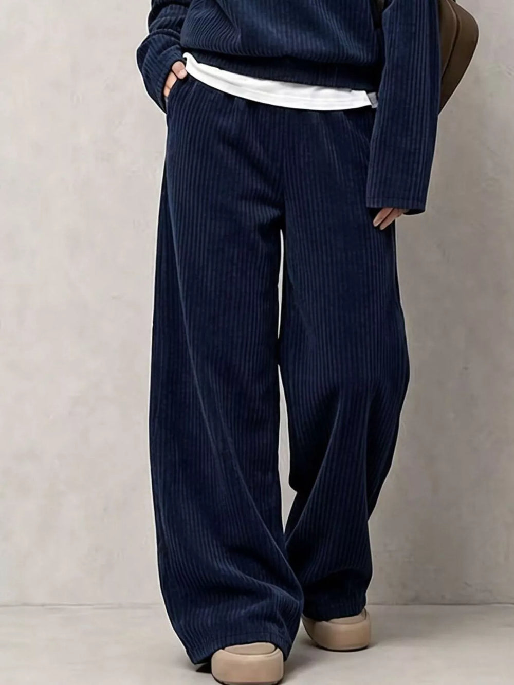 Corduroy Button Detail Top and Wide-Leg Pants Set