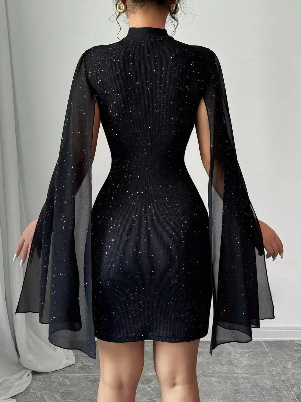 Glitter Mock Neck Cape-Sleeve Bodycon Mini Dress