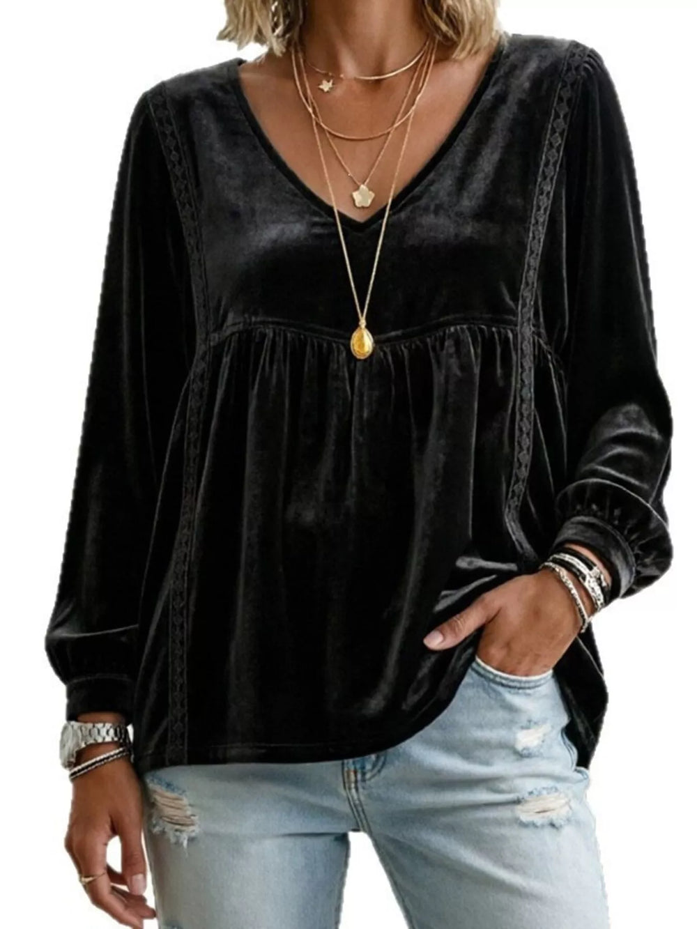 Velvet V-Neck Blouse with Lace Trim