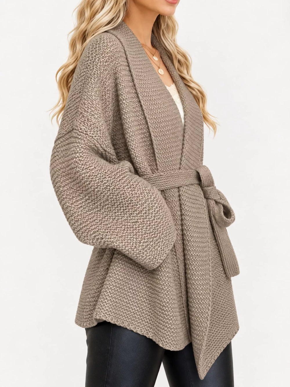 Belted Open-Front Knit Cardigan, Full Size