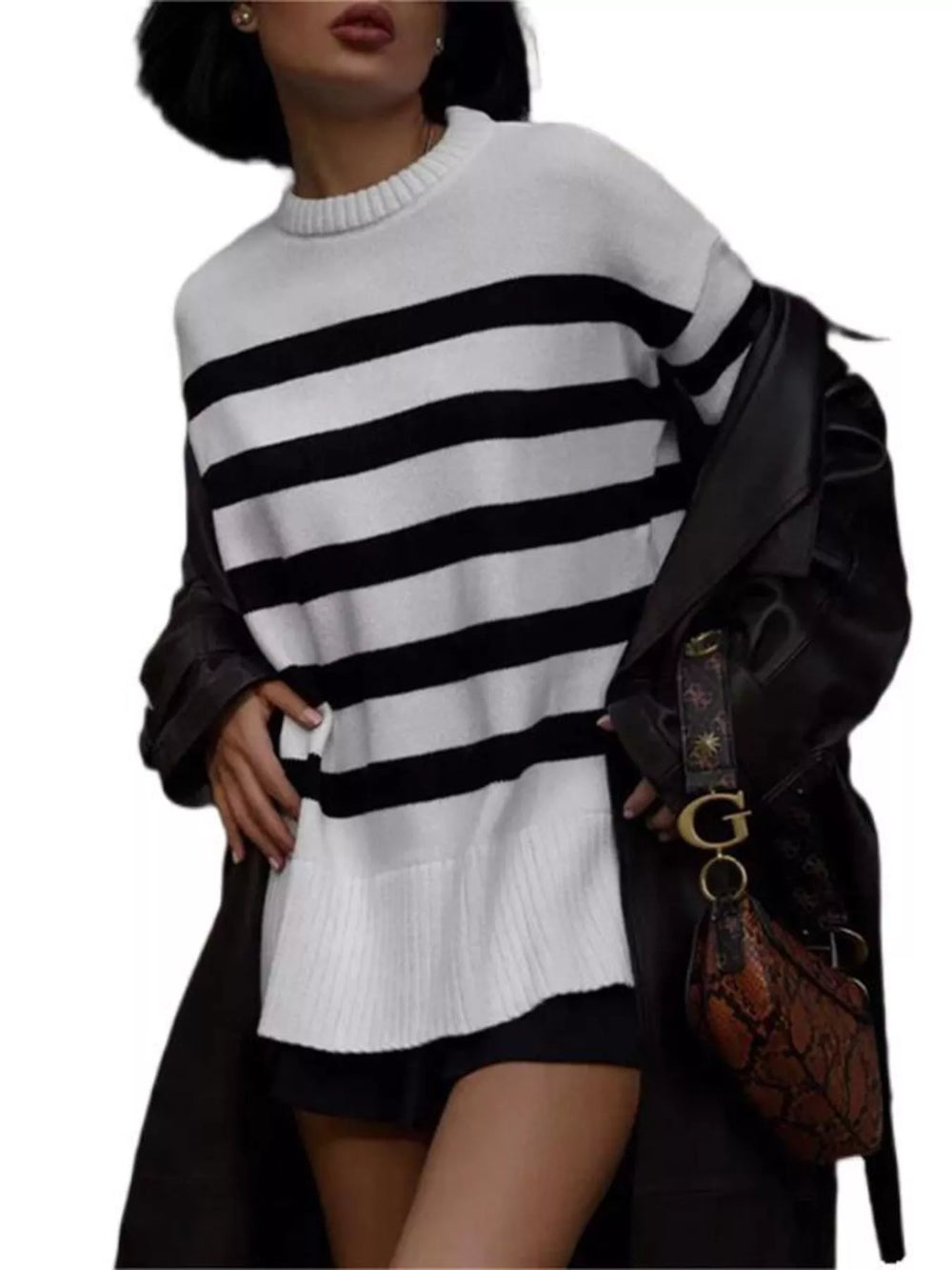 Side Slit Striped Oversized Knit Sweater