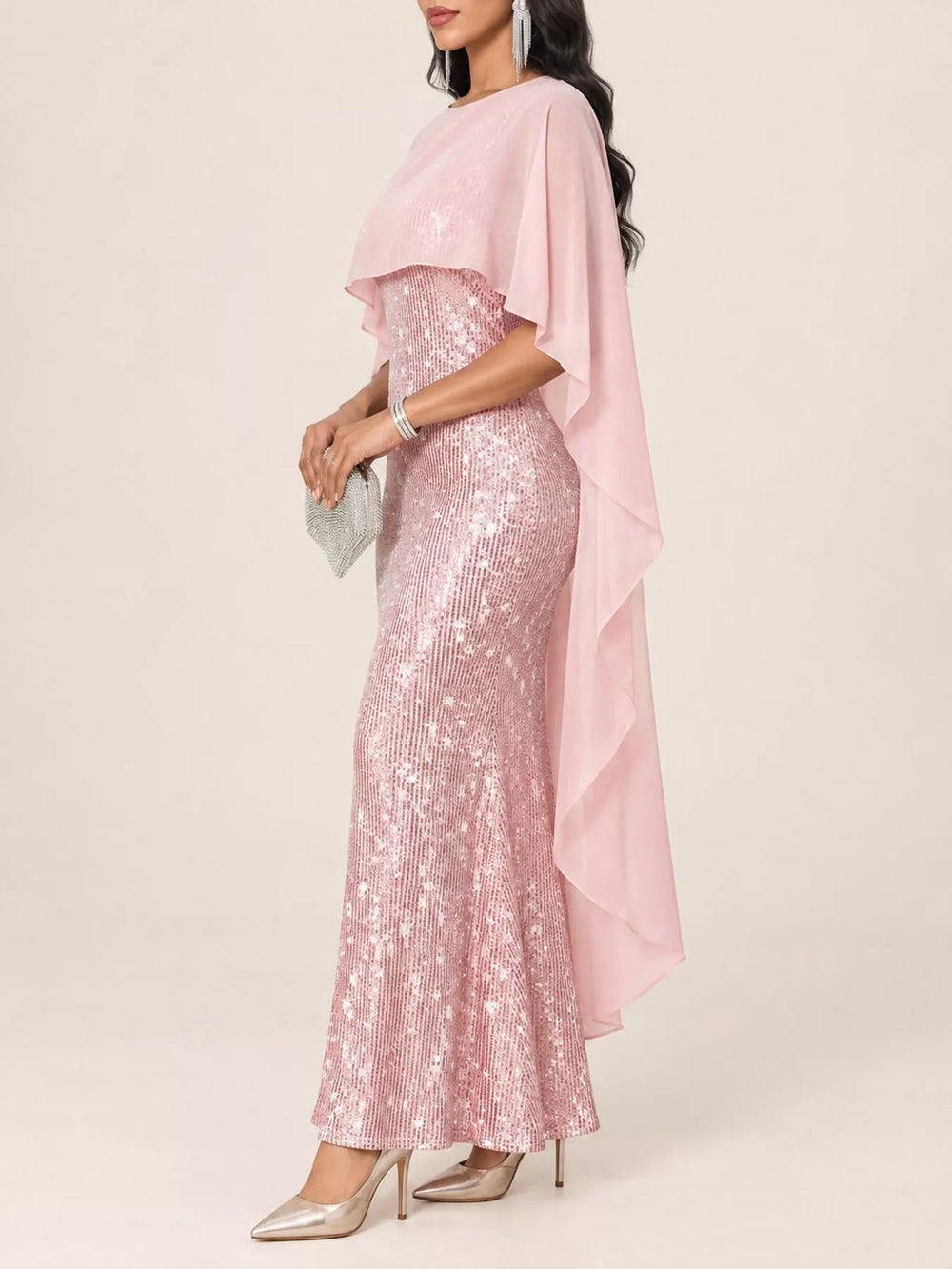 Sequin Cape Overlay Evening Dress