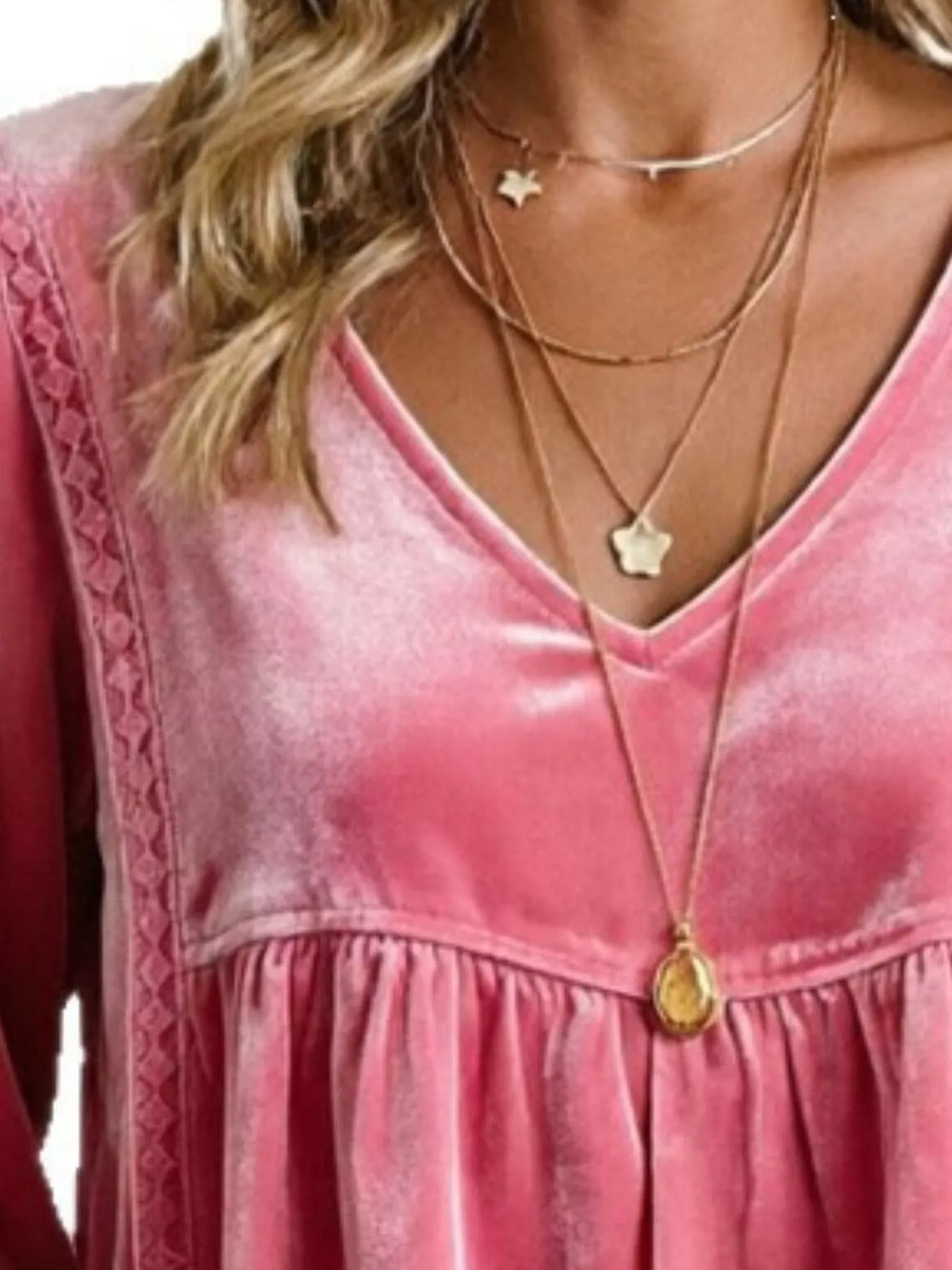 Velvet V-Neck Blouse with Lace Trim