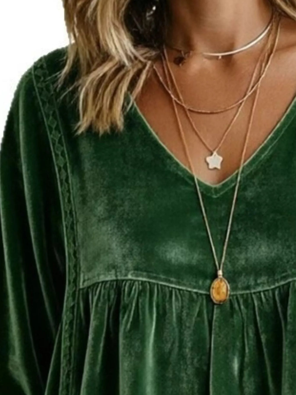Velvet V-Neck Blouse with Lace Trim