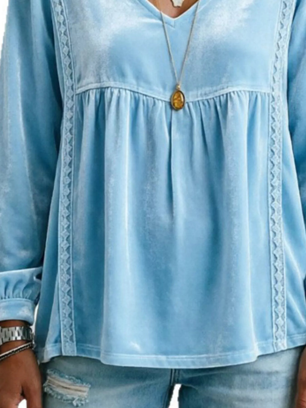 Velvet V-Neck Blouse with Lace Trim