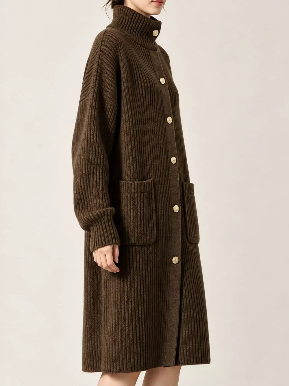 Ribbed Turtleneck Button-Up Longline Cardigan